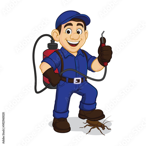 Cartoon Pest Control Worker with Spray Equipment and Cockroach
