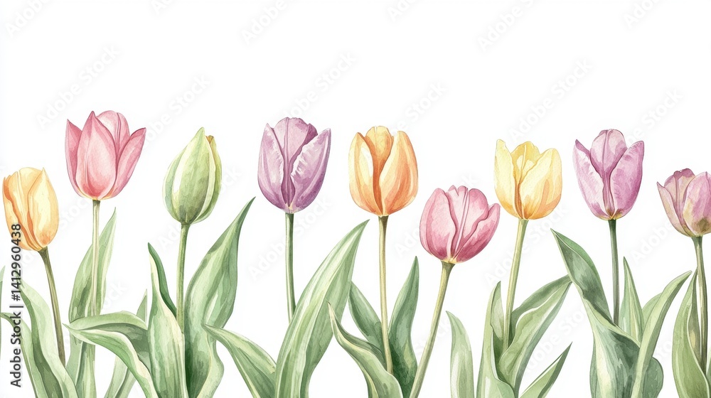 Fototapeta premium Vibrant tulips in shades of pink, yellow, and purple are elegantly arranged with green leaves against a clean white background, capturing the essence of spring