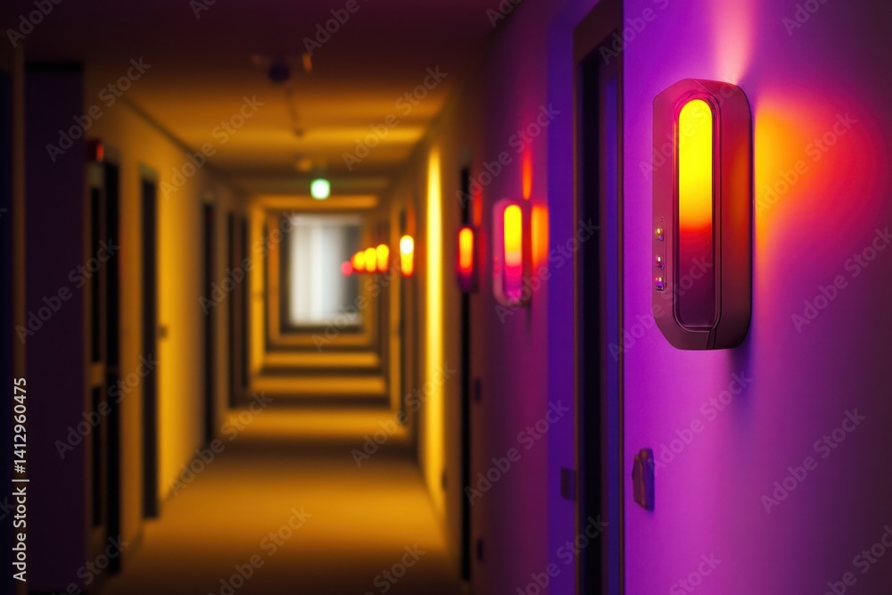Brightly lit corridor with colorful lights creating an atmospheric ambiance at night