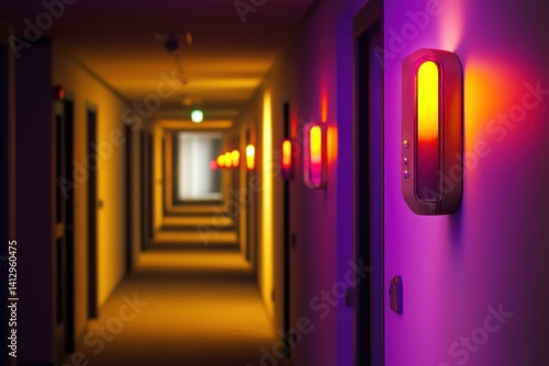 Obraz na płótnie Brightly lit corridor with colorful lights creating an atmospheric ambiance at night w salonie