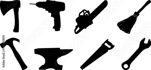 Collection of Black Silhouettes of Tools including Axe Hammer Saw and Wrench for DIY Projects