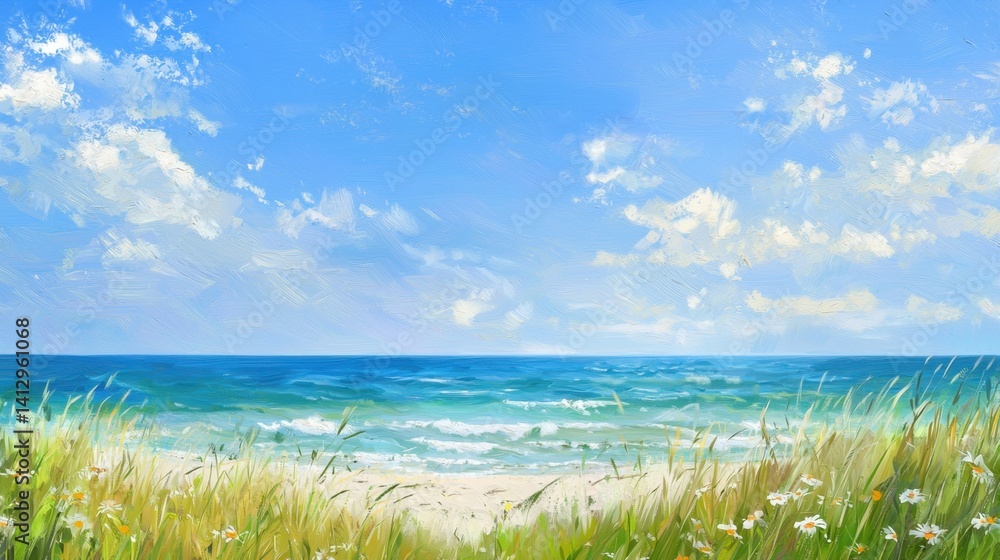 custom made wallpaper toronto digitalSoft grass and wildflowers frame a peaceful beach with rolling waves under a clear blue sky dotted with fluffy clouds. Tranquility of nature captures the essence of a sunny day
