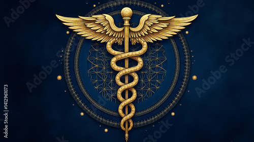 Generative AI Golden Caduceus Symbol on Deep Blue caduceus symbol gold blue wings snakes staff medical ornate background healing medicine wellness health - Download Now