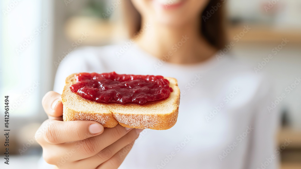 Cheerful woman spreading strawberry jam on toast, enjoying morning sunshine streaming through kitchen window, expressing pure joy Cheerful woman spreading strawberry jam on toast, enjoying morning sunshine streaming through kitchen window, expressing pure joy