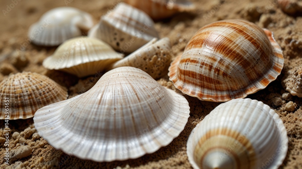 Seashells on sandy beach, sunlit closeup, coastal background, summer vacation imagery Seashells on sandy beach, sunlit closeup, coastal background, summer vacation imagery