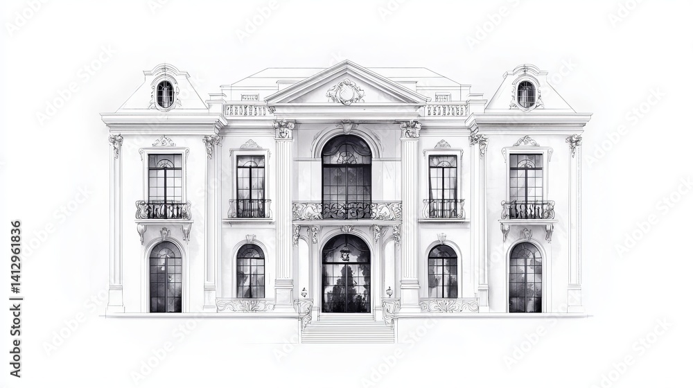 Fototapeta premium Elegant mansion façade showcasing classic architecture and intricate details in black and white illustration.