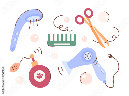 A set of cosmetic accessories for pet care. Hair dryer, scissors, comb, perfume, shower. Tools and cosmetics for the animal beauty salon, haircuts, washing, grooming. Vector illustrations