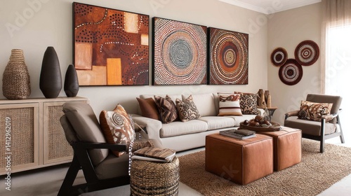 Aboriginal art-inspired living room with dot-painted canvases, earthy ochre tones, and handwoven fiber art. 