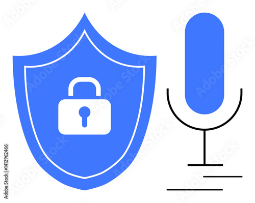 Shield with locked padlock conveys protection, paired with microphone symbolizing audio. Ideal for cybersecurity, data protection, privacy, audio security, voice recognition safety, secure