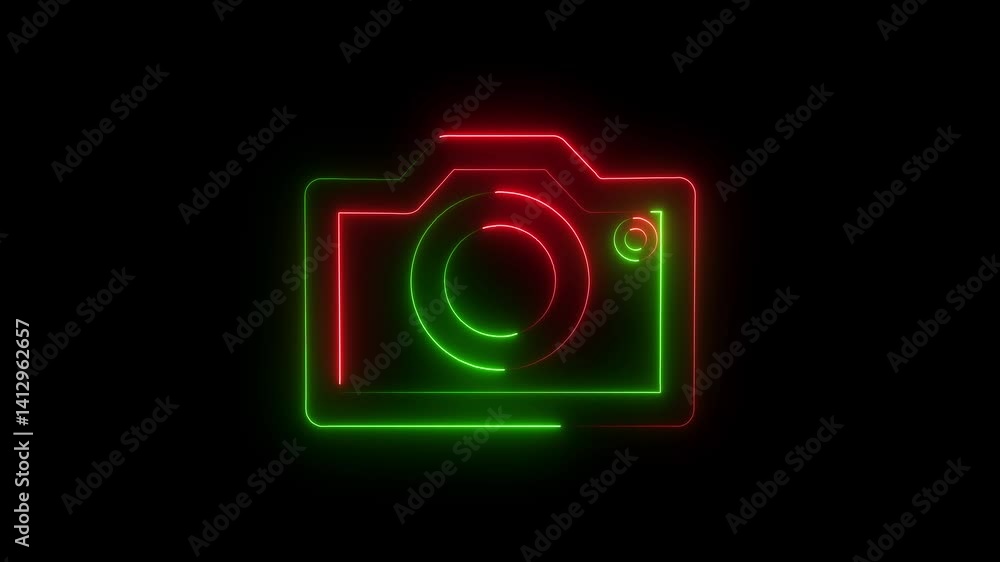 Abstract rendering glowing neon symbol of photo camera animation. Neon camera icon multicolor glowing animation. Abstract rendering glowing neon symbol of photo camera animation. Neon camera icon multicolor glowing animation.