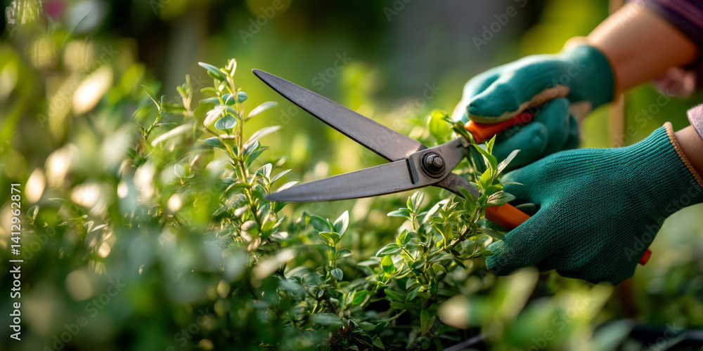 Obraz premium Gardener trimming leafy bush with shears in a green backyard garden