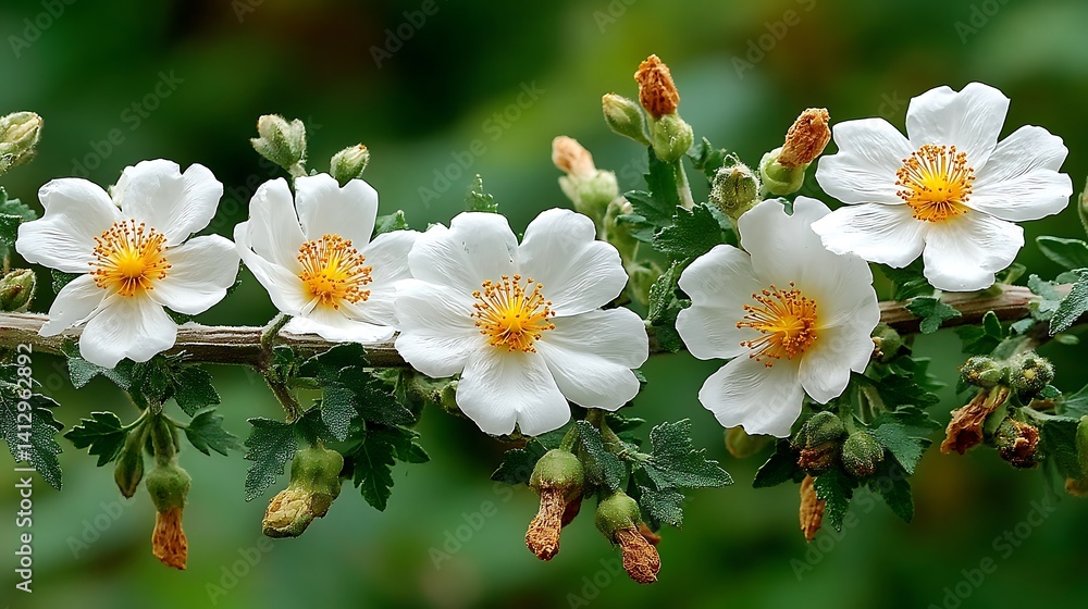 Fototapeta premium White Flowers Blooming on Branch Green Background Natural Light Photography
