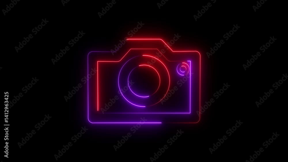 Abstract rendering glowing neon symbol of photo camera animation. Neon camera icon multicolor glowing animation. Abstract rendering glowing neon symbol of photo camera animation. Neon camera icon multicolor glowing animation.
