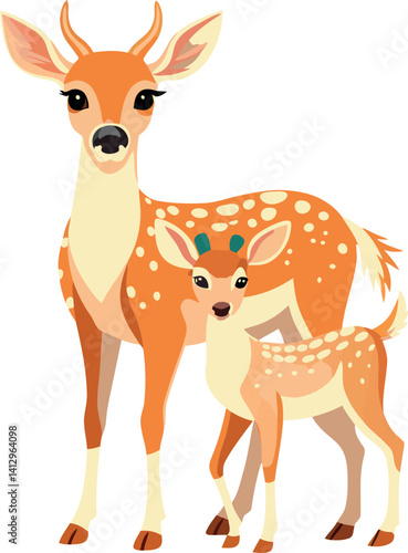 Nature Scene with White-Tailed Deer and Baby – Wildlife Illustration for Posters and Art Prints