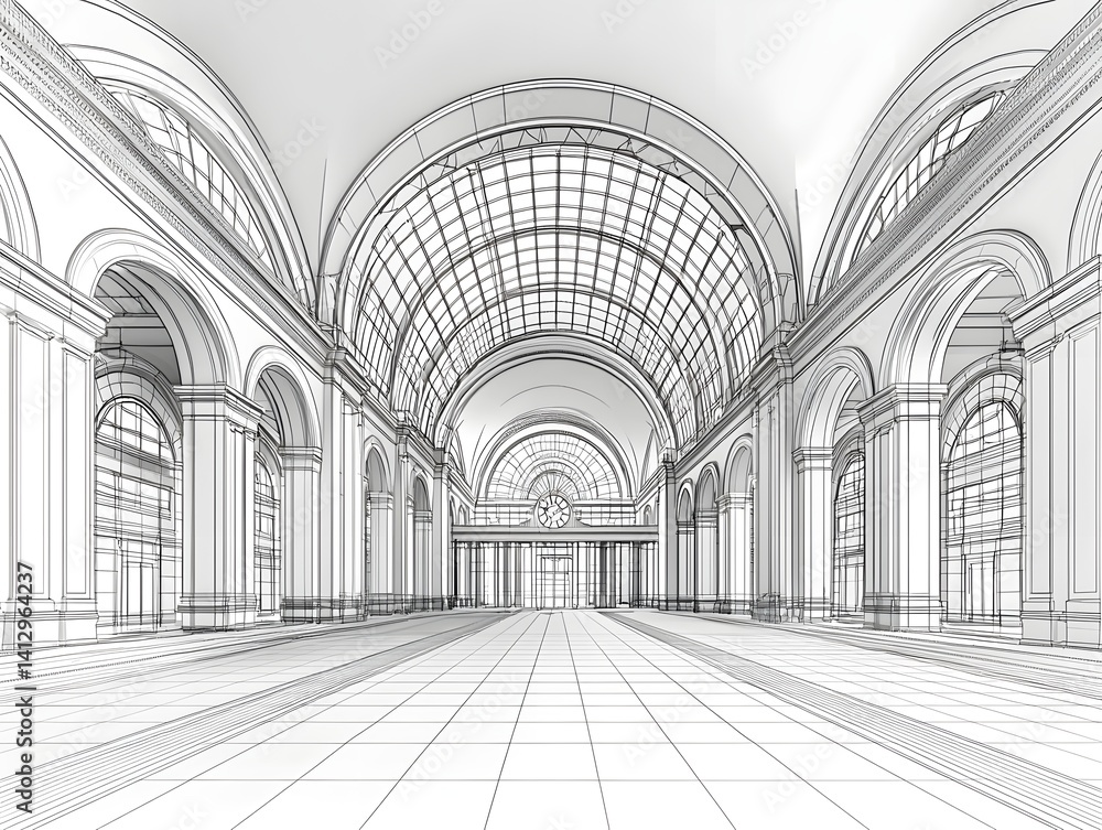 Naklejka premium Minimalist line art of a geometric railway station interior