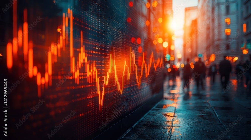Urban Street Scene with Financial Data Visualization at Sunset Urban Street Scene with Financial Data Visualization at Sunset