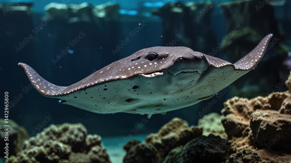 Fototapeta premium Spotted ray swimming aquarium, coral background, underwater life, ocean wildlife, stock photo