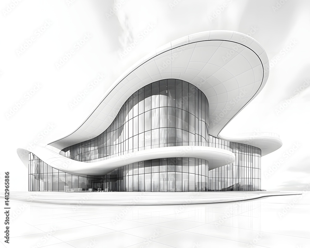 Sleek line art depiction of a futuristic pavilion with curving roofs
