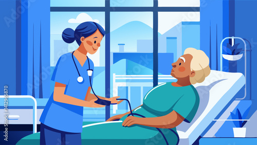 A woman in a blue uniform is helping an elderly woman in a hospital bed. The woman in the blue uniform is a nurse, and she is holding a blood pressure cuff