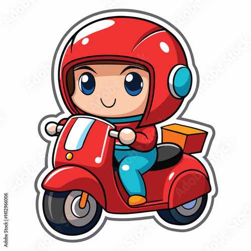 Cartoon delivery person on a red scooter