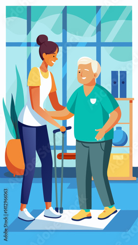 A woman is helping an older woman with a physical therapy exercise. The woman is smiling and the older woman is holding her hand. The room is decorated with plants and has a window