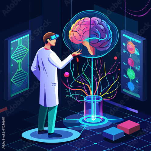 A scientist in a white lab coat is standing in front of a brain model, pointing to it. The brain model is surrounded by various scientific instruments and displays