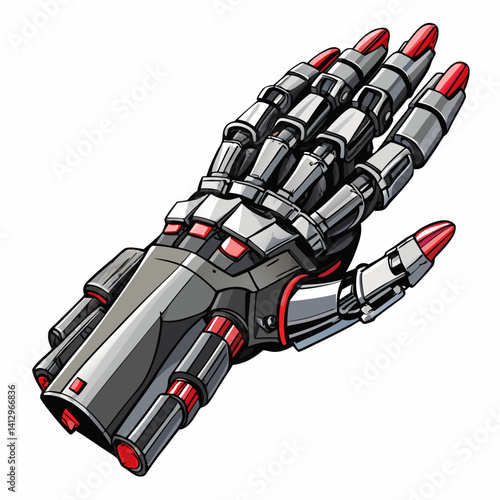 A hand with a black and red glove on it. The glove has a red and silver design