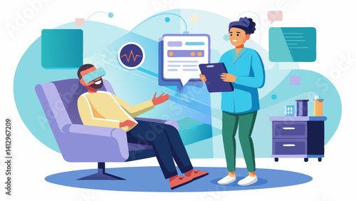 A man is sitting in a chair while a woman stands next to him. The woman is holding a clipboard and the man is wearing a virtual reality headset