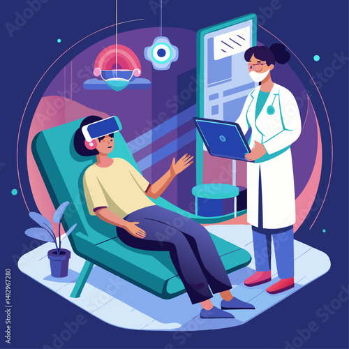 A man is sitting in a chair while a woman stands next to him. The woman is holding a clipboard and the man is wearing a virtual reality headset