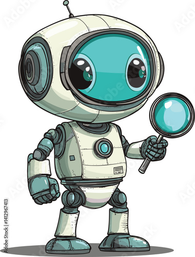blue robot with a magnifying glass