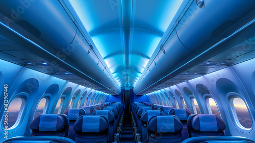The interior of an airplane cabin is illuminated with a cool blue ambient light, showing rows of empty seats leading towards the front.
