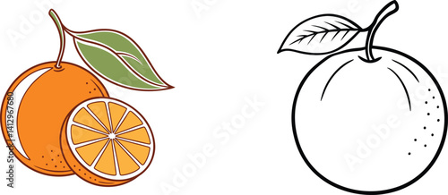 Orange Fruit With Slice And Leaf In Color And Line Art Version