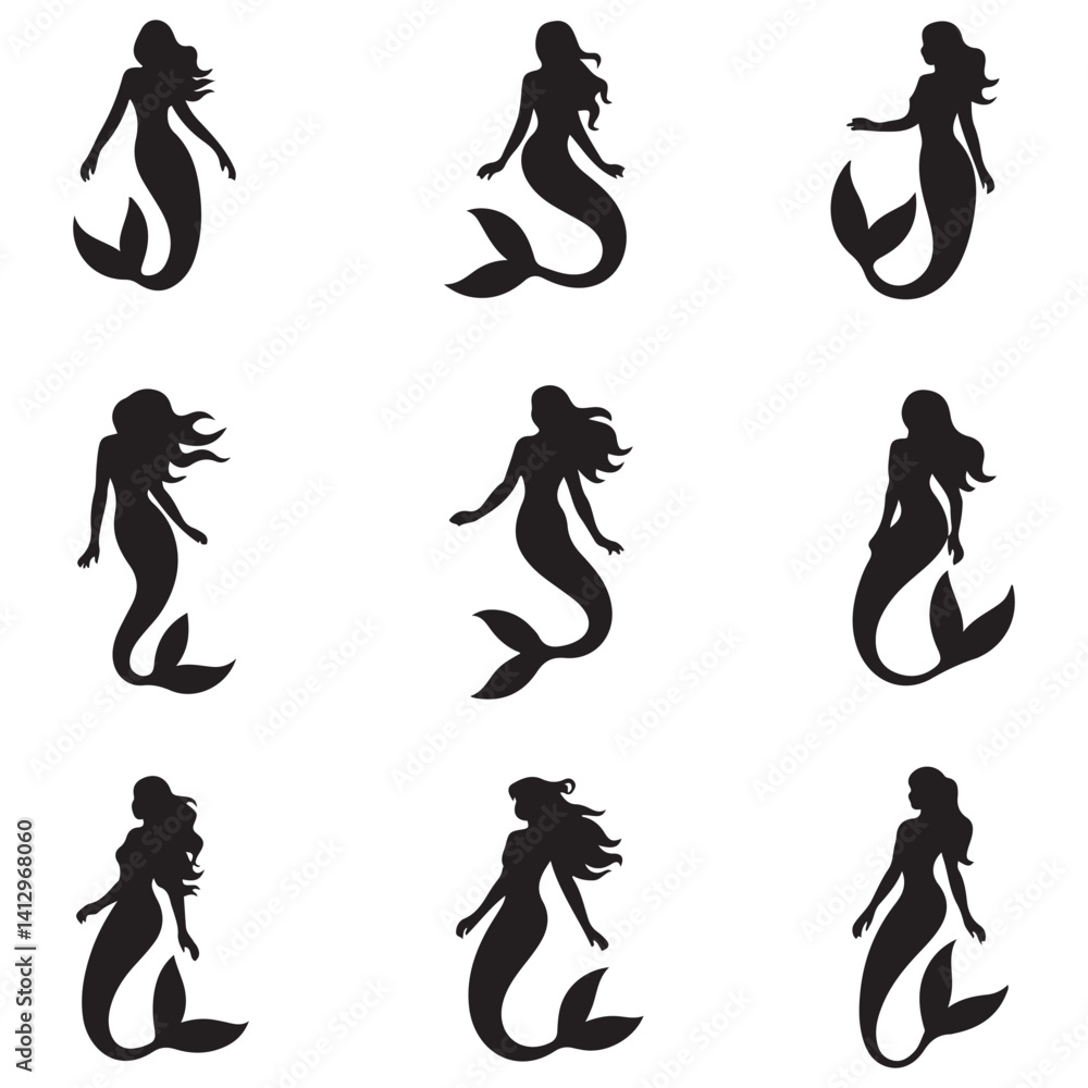 Fototapeta premium mermaid Vector Black silhouettes. with white background