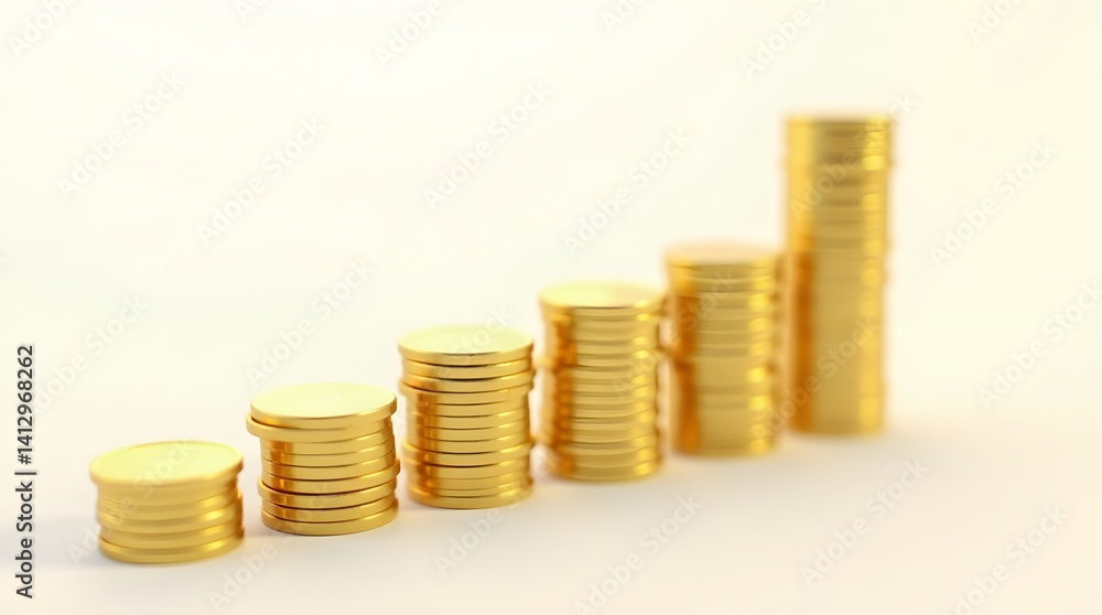 Gold coins stack growth. Finance concept. Rising value, investment, wealth. Use for financial reports, presentations. Gold coins stack growth. Finance concept. Rising value, investment, wealth. Use for financial reports, presentations.