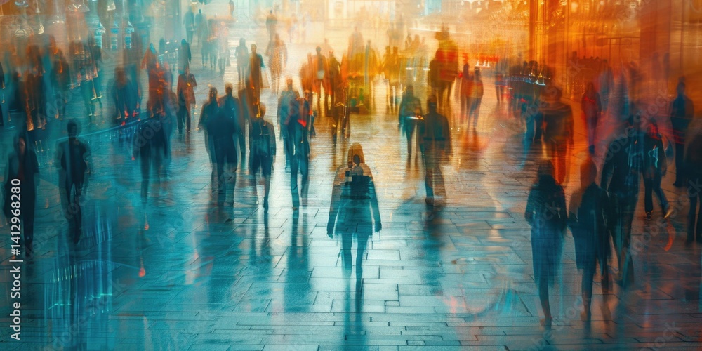 Obraz premium Visitors exploring an art gallery during sunset. Long exposure photography capturing motion blur. Cultural experience. People walking and looking at picture at art museum with blurring motion. AIG55.