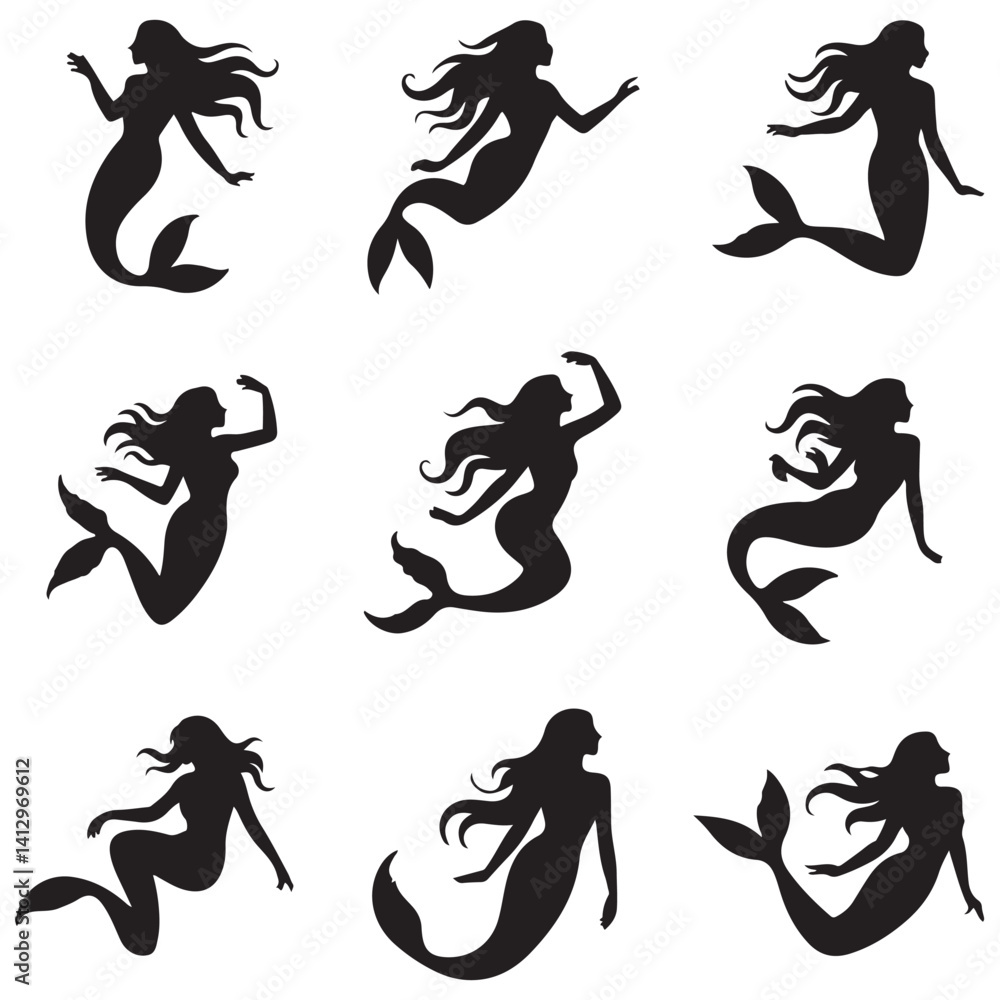 mermaid Vector Black silhouettes. with white background mermaid Vector Black silhouettes. with white background