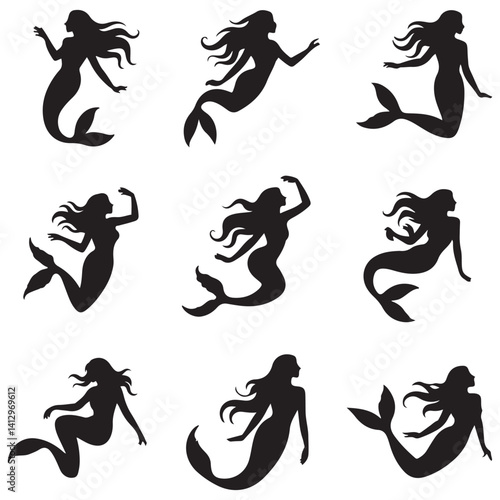mermaid Vector Black silhouettes. with white background