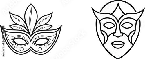 Collection Of Decorative Masquerade Masks Black Outline On White Background Vector Illustration
