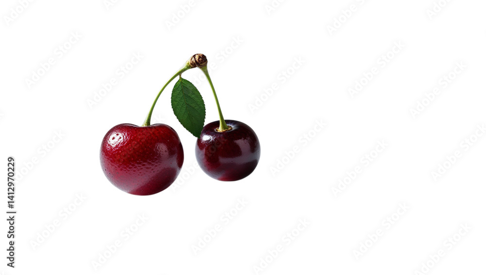 Two Fresh Ripe Cherries With Green Leaf Isolated On White Background Two Fresh Ripe Cherries With Green Leaf Isolated On White Background