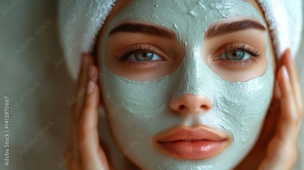 Woman applying clay mask for skin treatment Woman applying clay mask for skin treatment