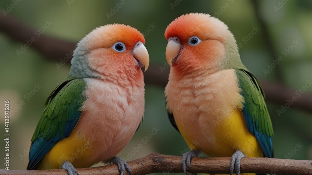 Obraz premium Two lovebirds perched on branch, nature background, wildlife, pet