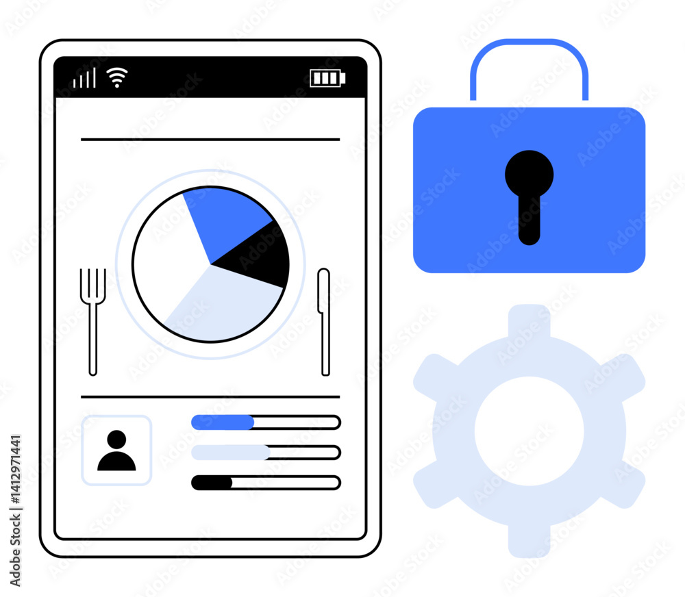 Smartphone displaying pie chart, user progress bars, profile, blue padlock, light gear. Ideal for data analysis, security, privacy concept, tech development mobile apps user interface flat simple Smartphone displaying pie chart, user progress bars, profile, blue padlock, light gear. Ideal for data analysis, security, privacy concept, tech development mobile apps user interface flat simple