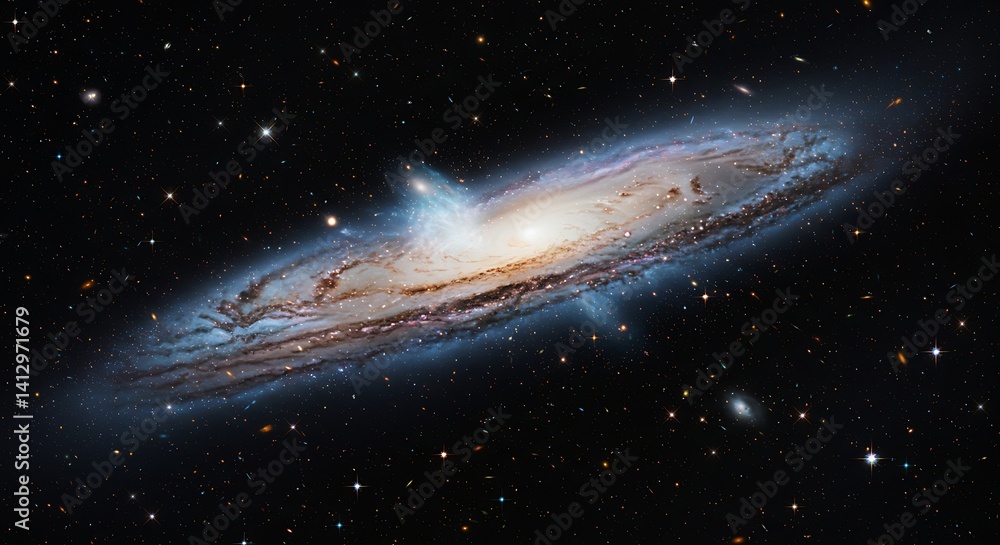 Fototapeta premium Breathtaking Spiral Galaxy Unveiling Cosmic Mysteries: A Detailed View of Andromeda, Shining Brightly Against a Backdrop of Countless Stars with Blue and Gold Hues