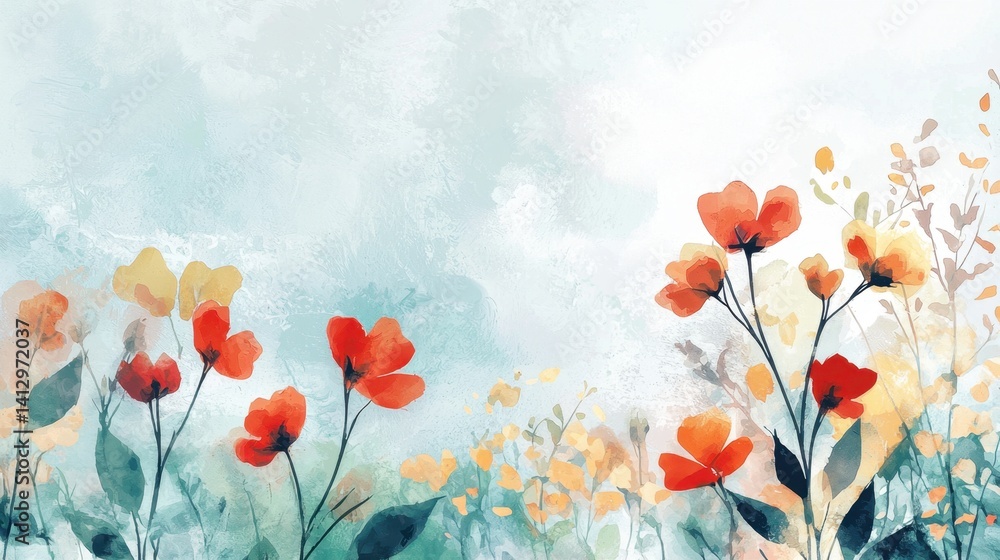 Obraz premium A vibrant display of red and yellow flowers fills the foreground, set against a soft pastel background that creates a calm and peaceful atmosphere