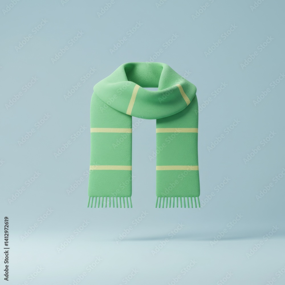 Green winter scarf floating against minimalist blue background for fashion and design concepts