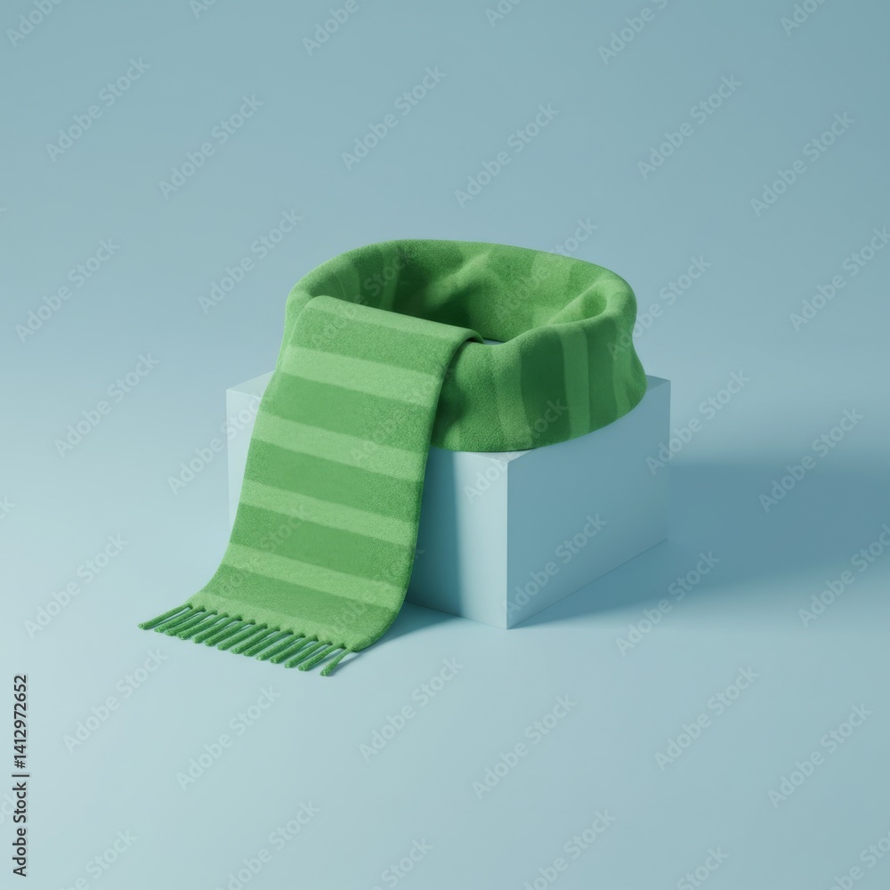 Cozy green scarf on blue cube display for winter fashion inspiration and seasonal decoration