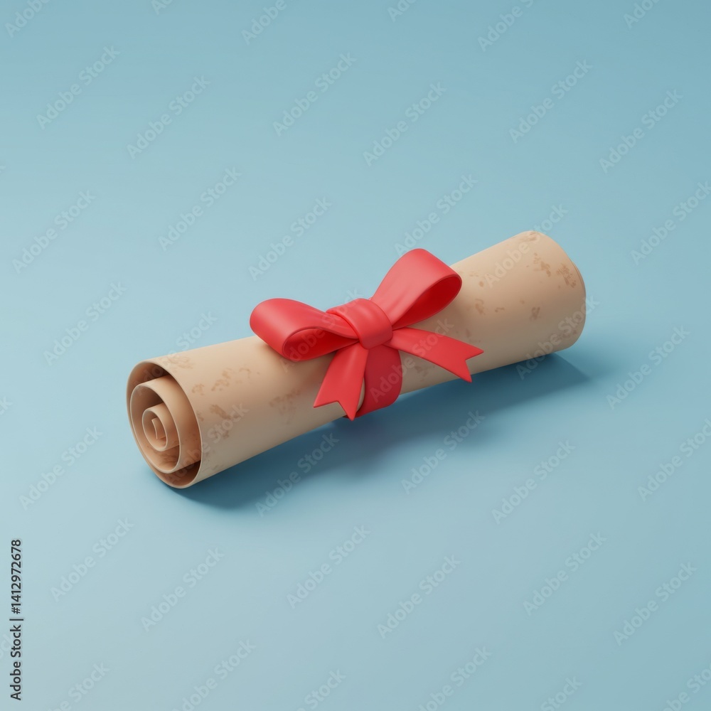 Rolled certificate with red ribbon on blue background for graduation or achievement celebration