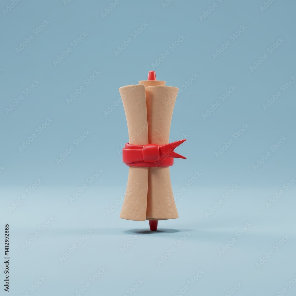 Creative concept of rolled scroll with red ribbon on blue background for stationery design