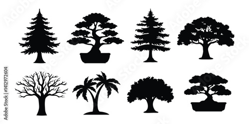 Tree Silhouettes of Various Species  Minimalist Botanical Vector Art in Black and White