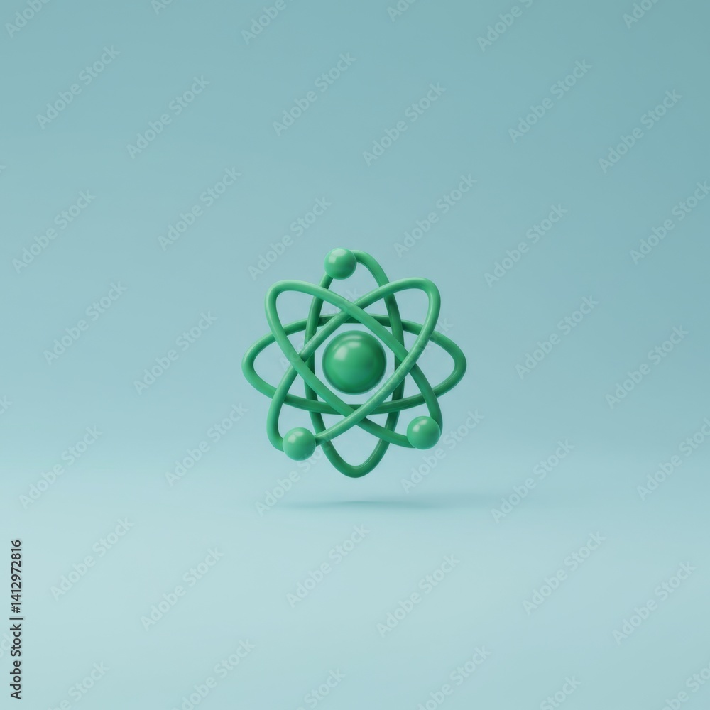 Minimalist green atom model on light blue background for science and education design